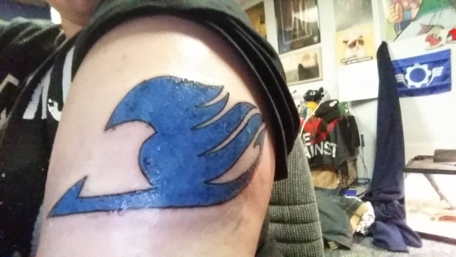 Blue Fairy Tail Symbol Tattoo On Left Shoulder By Kevin Burfield