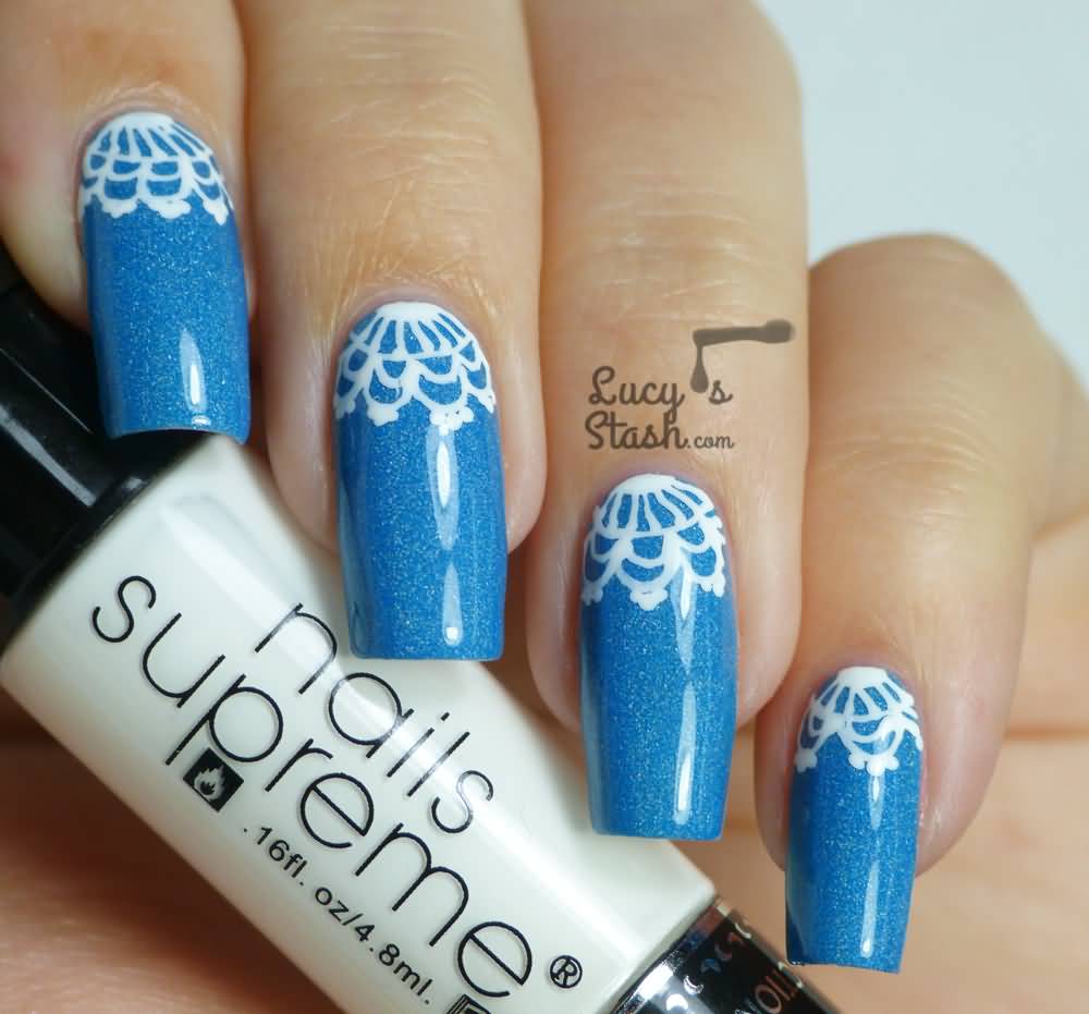 Blue Gel Nails With White Lace Half Moon Nail Art