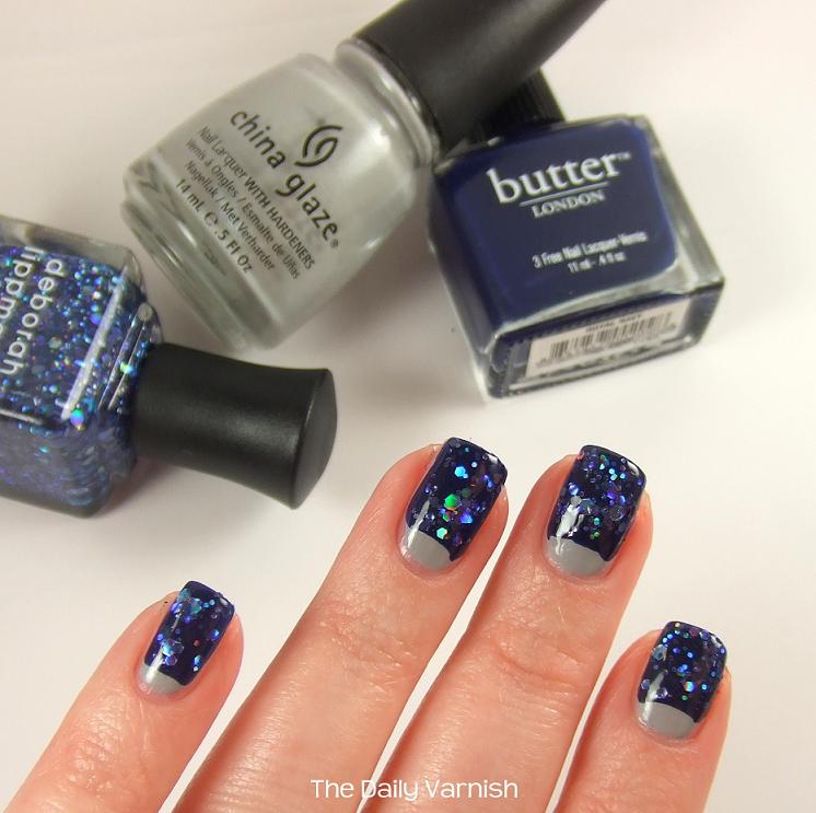 Blue Glitter Gel Half Moon Nail Art