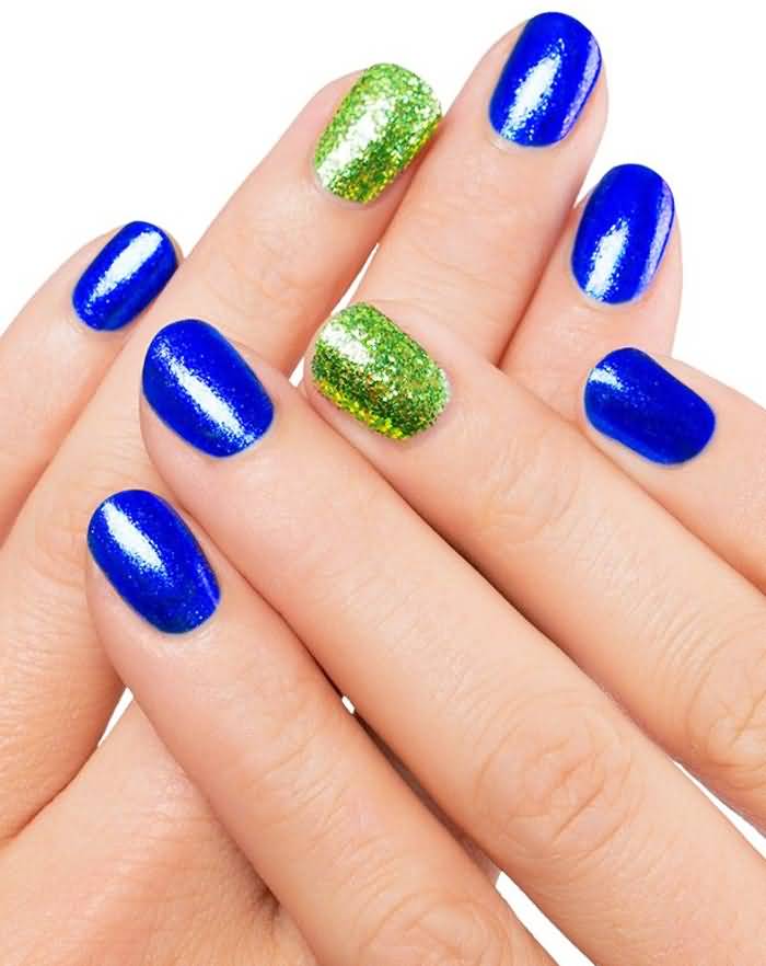Blue Nails With Accent Green Glitter Gel Nail Art