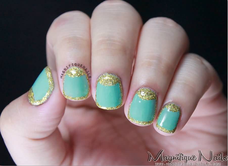 Blue Nails With Gold Glitter Half Moon Nail Art Design Idea