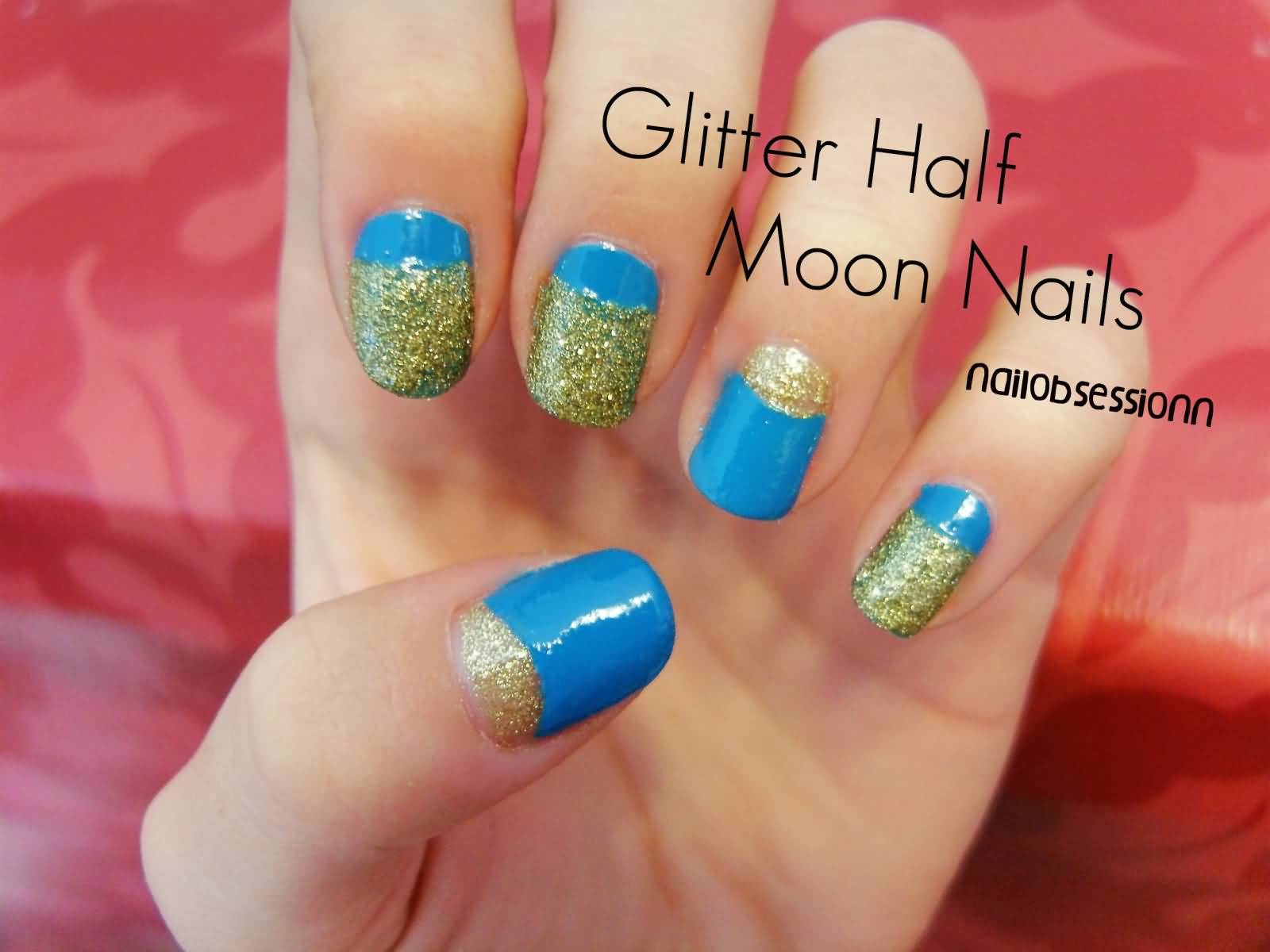 Blue Nails With Gold Glitter Half Moon Nails