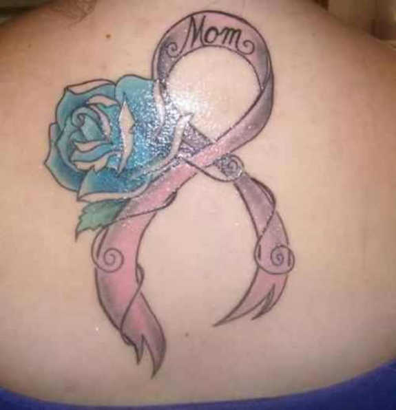 Blue Rose And Mom Ribbon Tattoo On Upper Back
