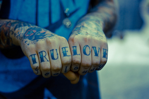 Blue True Love Tattoos On Fingers