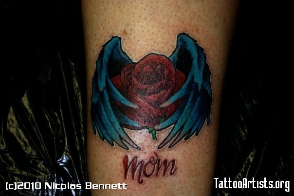 Blue Winged Rose And Mom Word Tattoo