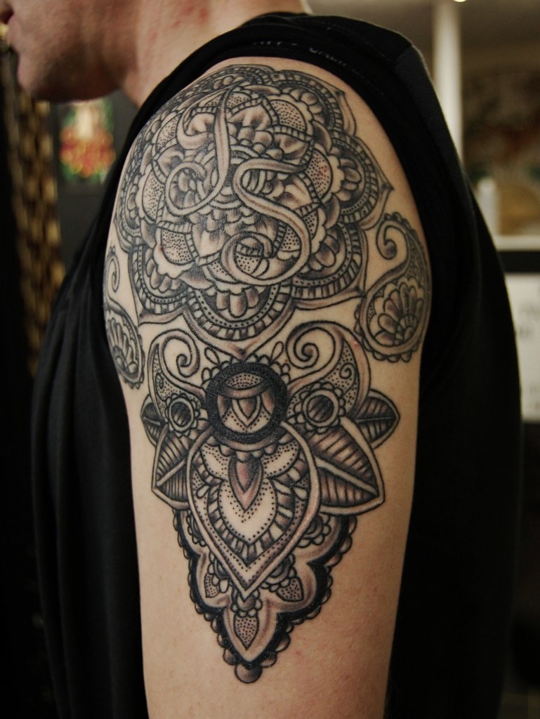 Brilliant Grey Mandala Paisley Pattern Tattoo On Left Half Sleeve