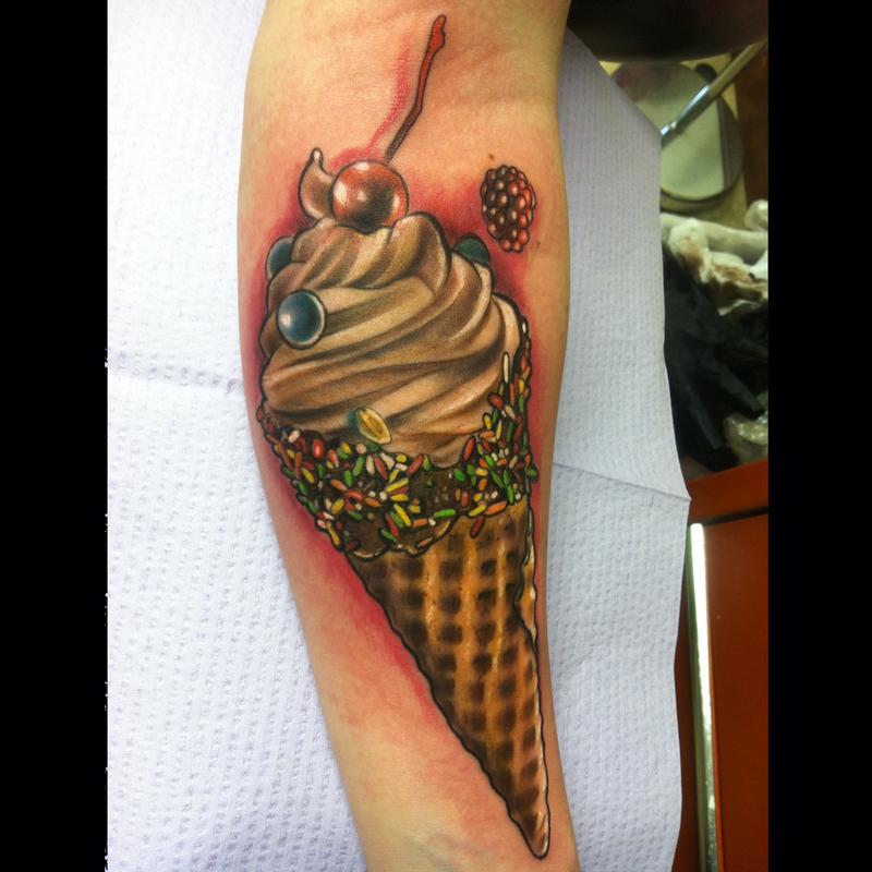 Brilliant Ice Cream Cone Tattoo On Forearm