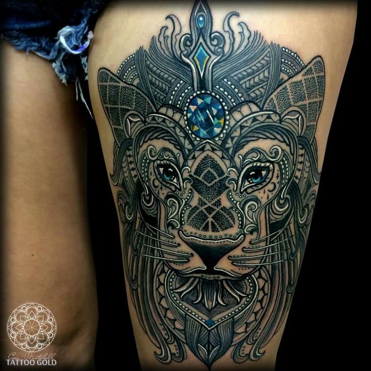 Brilliant Mosaic Lion Face Tattoo On Thigh