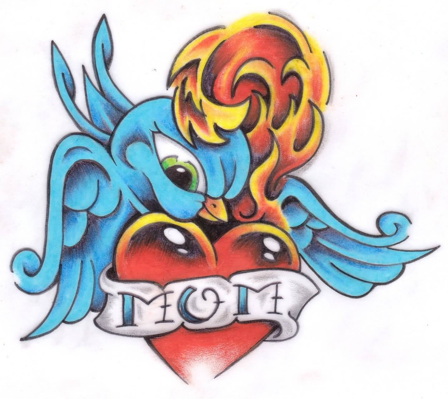 Burning Mom Heart With Bird Tattoo Design