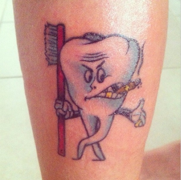 Cartoon Molar With Toothbrush Tattoo By Morning Breath
