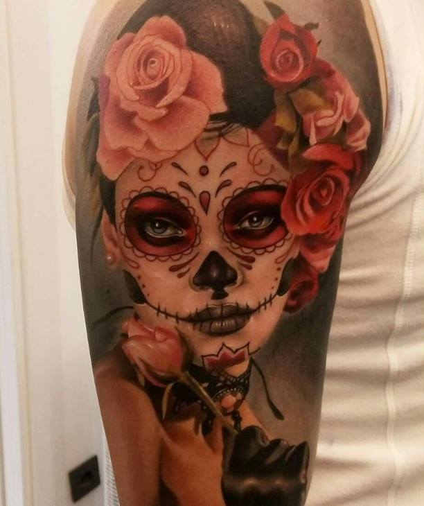 Catrina Tattoo On Right Half Sleeve by Aitor Jimenez