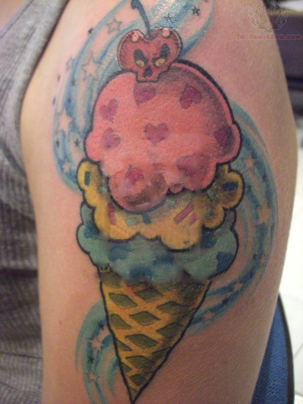 Cherry Skull Ice Cream Cone Tattoo On Left Shoulder