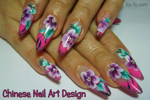 Chinese Flowers Nail Art Design Idea