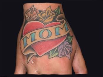 Color Heart With Mom Banner Tattoo On Hand