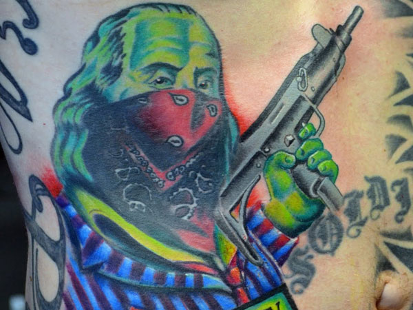 Color Ink Gangsta With Gun Tattoo