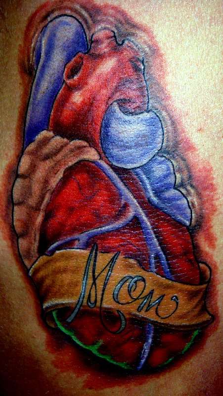 Color Ink Human Heart With Mom Banner Tattoo