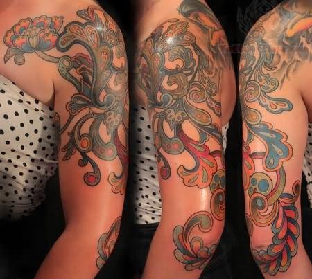 Color Ink Paisley Flower Pattern Tattoo On Left Half Sleeve