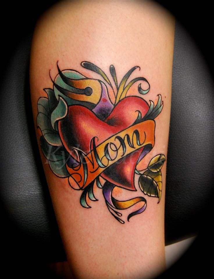 Color Ink Red Heart With Mom Banner Tattoo On Right Half Sleeve