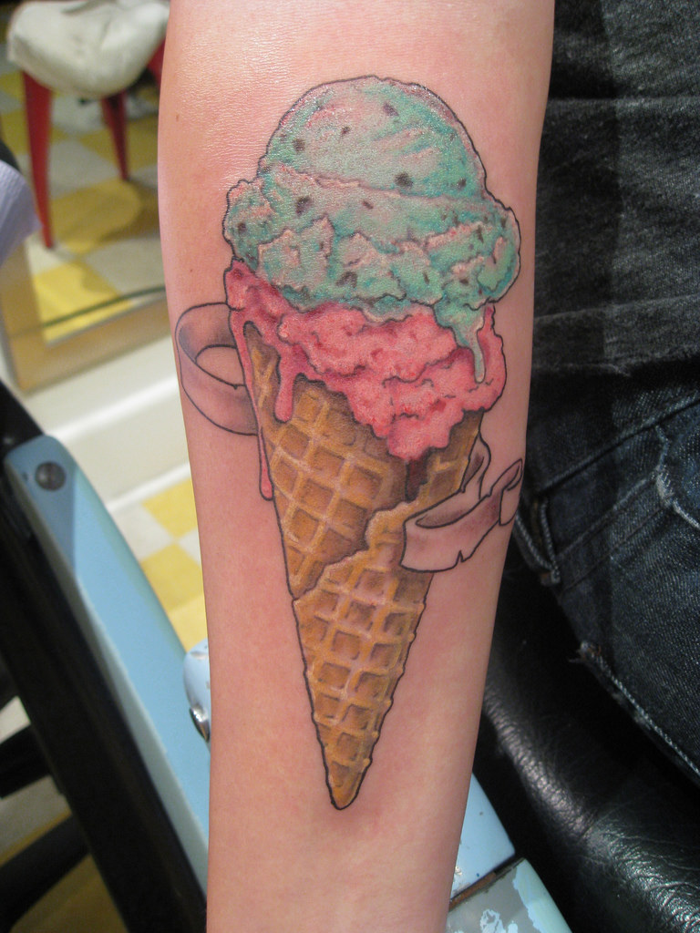 Colored Ice Cream Cone Tattoo On Forearm
