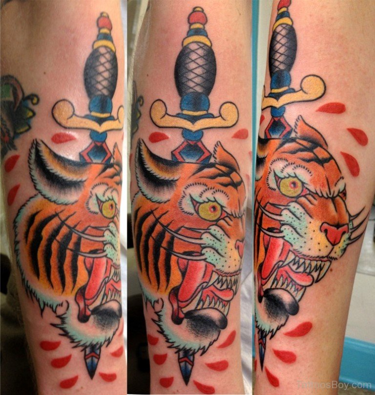 Colored Tiger Face And Dagger Traditional Tattoo