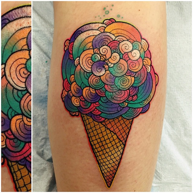 Colorful Cloudy Ice Cream Cone Tattoo By Katie Shocrylas