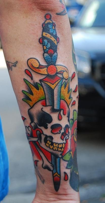 Colorful Dagger And Skull Tattoo On Forearm
