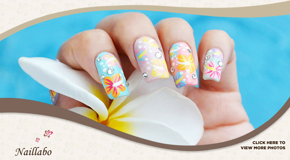 Colorful Japanese Flowers With Rhinestones Nail Art