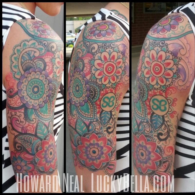 Colorful Mandala Paisley Pattern Tattoo On Right Half Sleeve