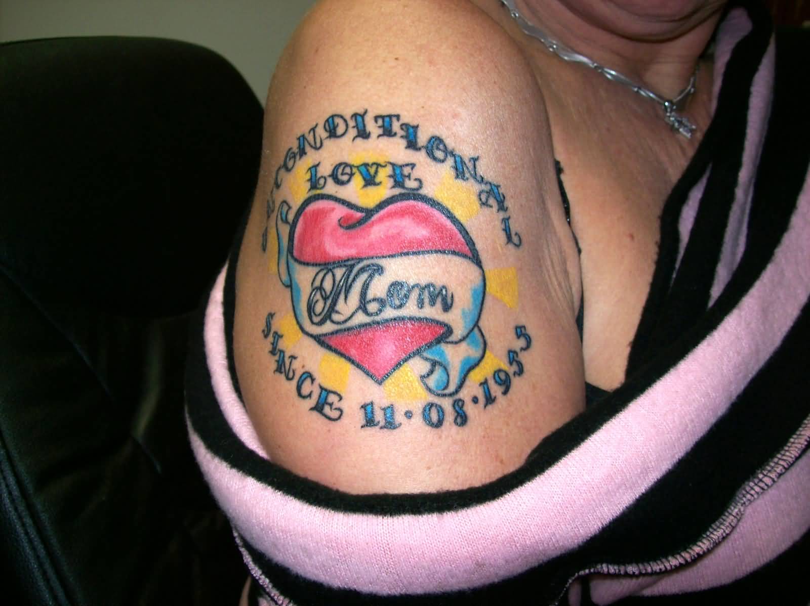 Colorful Memorial Mom Tattoo On Right Shoulder