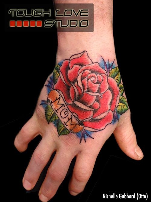 Colorful Mom Banner With Rose Flower Traditional Tattoo On Hand