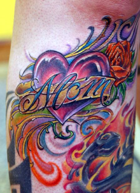 Colorful Mom Heart With Rose Flower Tattoo