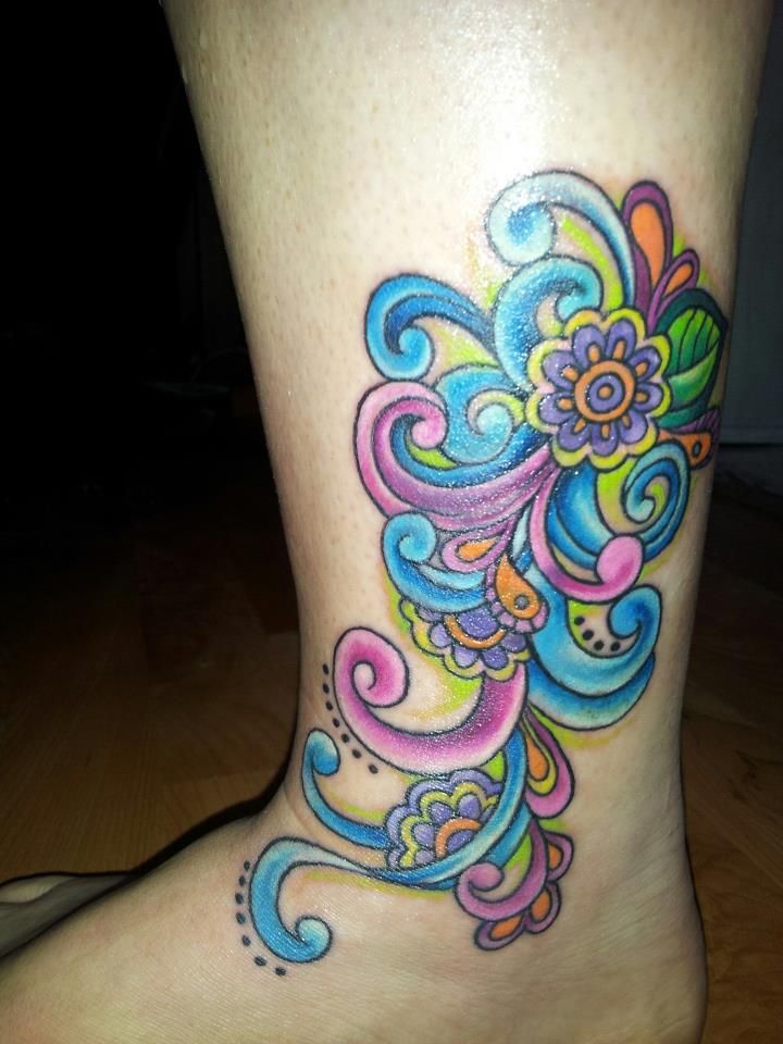 Colorful Paisley Pattern Flower Tattoo On Ankle