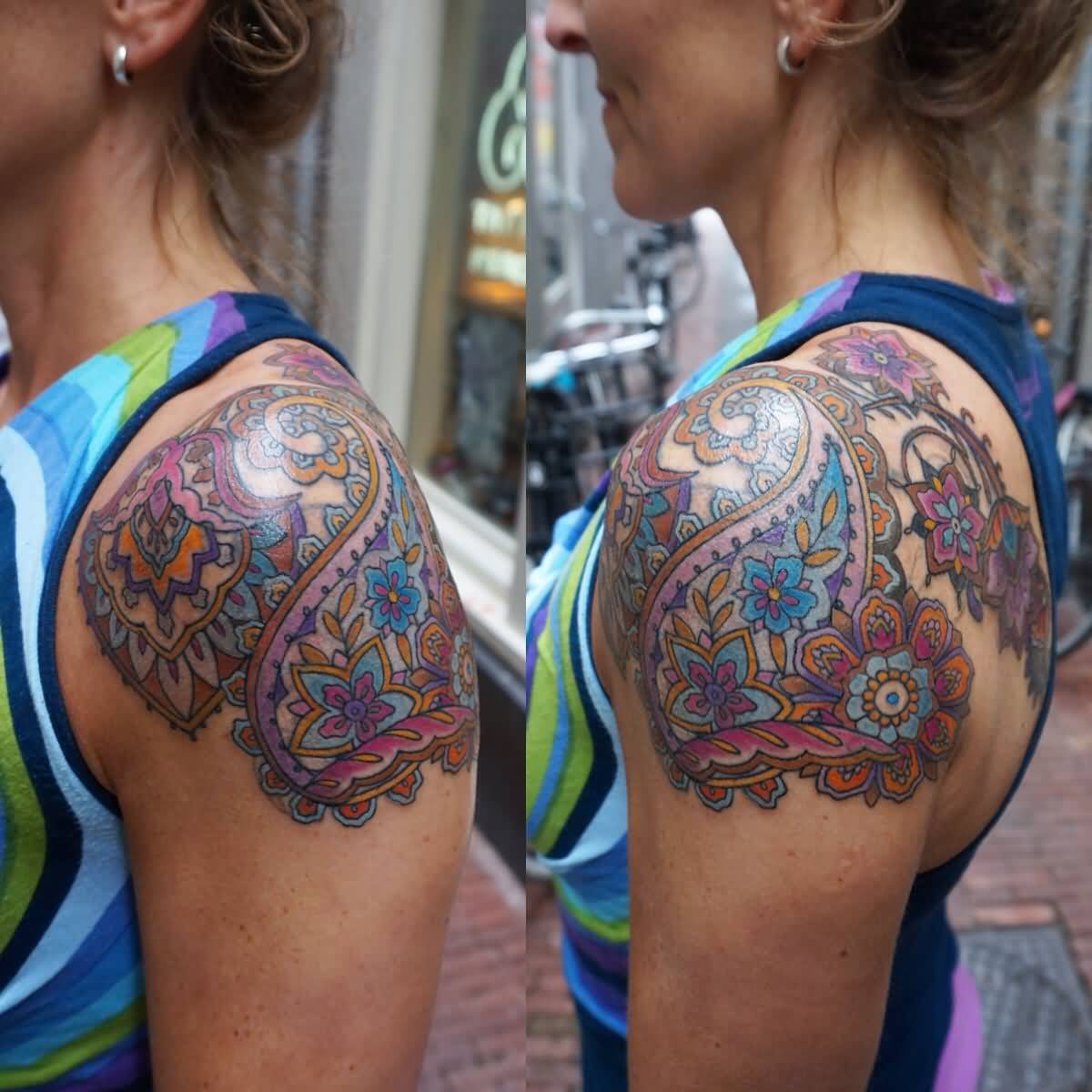 Colorful Paisley Pattern Flower Tattoo On Upper Shoulder