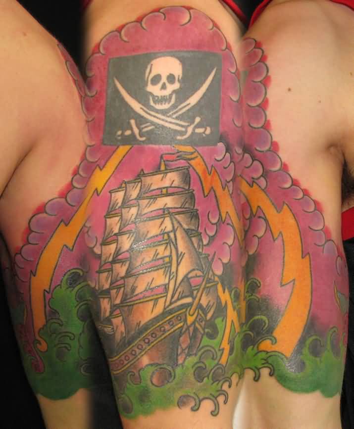 Colorful Pirate Ship And Jolly Roger Flag Tattoo On Half Sleeve