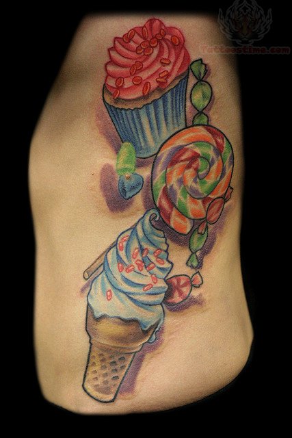 Cone And Cup Ice Cream With Candy Tattoo