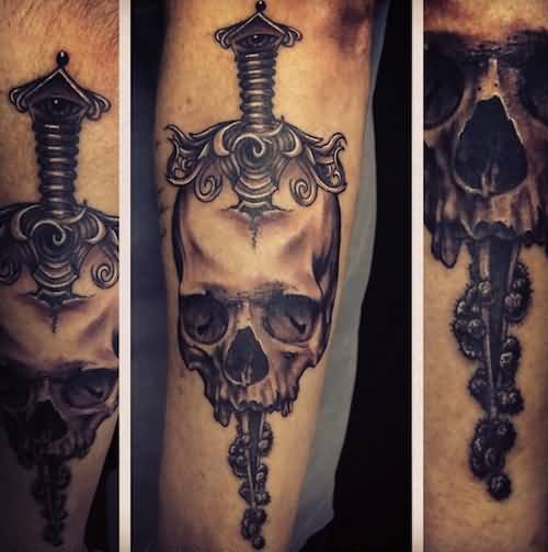 Cool Black And Grey Dagger And Skull Tattoo