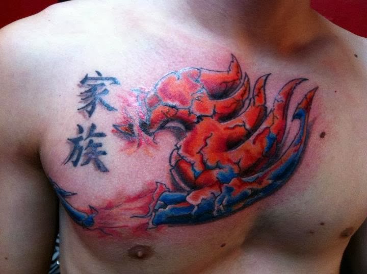 Cool Chinese Symbol And Fairy Tail Tattoo On Chest For Men