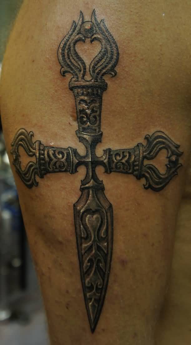 Cool Cross Dagger Tattoo On Right Half Sleeve