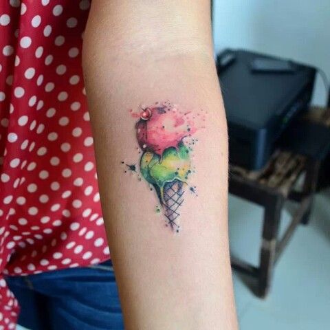 Cool Ice Cream Cone Watercolor Tattoo On Forearm