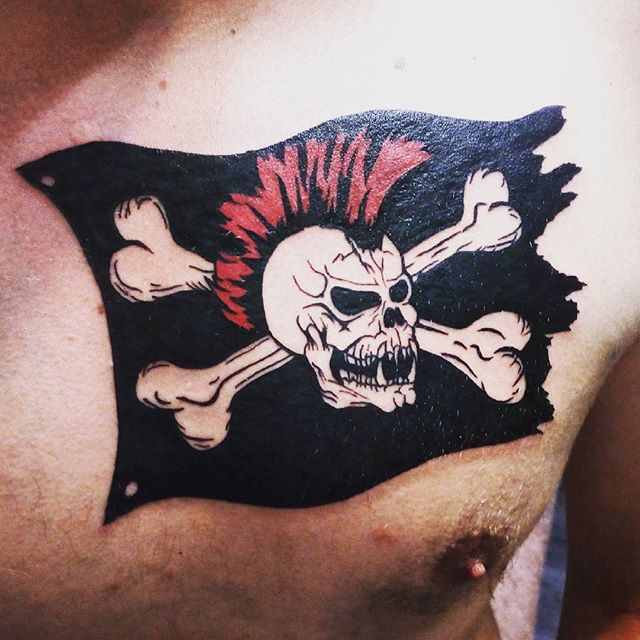 Cool Jolly Roger Skull Flag Tattoo On Chest