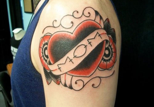 Cool Mom Heart Traditional Tattoo On Left Shoulder
