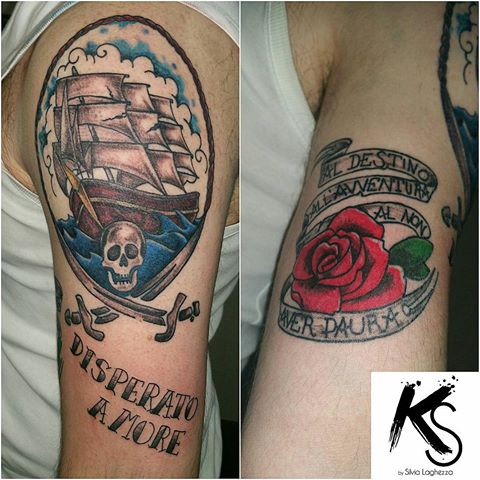 Creative Jolly Roger Ship And Sea View Tattoo On Left Half Sleeve