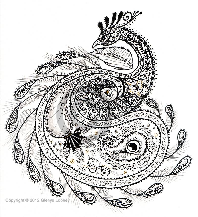 Creative Peacock Paisley Pattern Tattoo Stencil