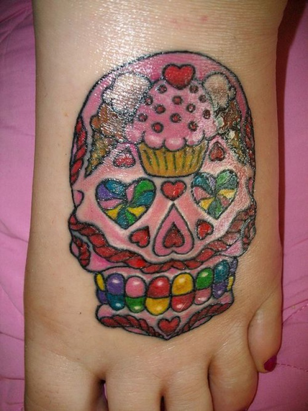 Cupcake And Ice Cream Skull Tattoo On Foot