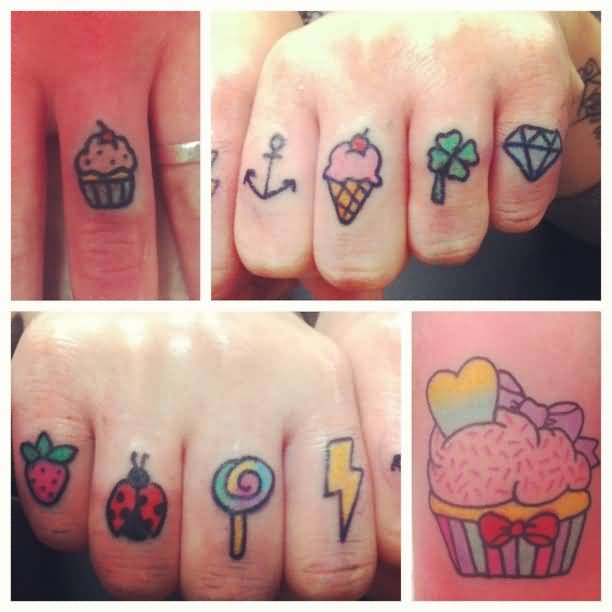 Cute Diamond Ice Cream Cupcake Tattoos On Fingers