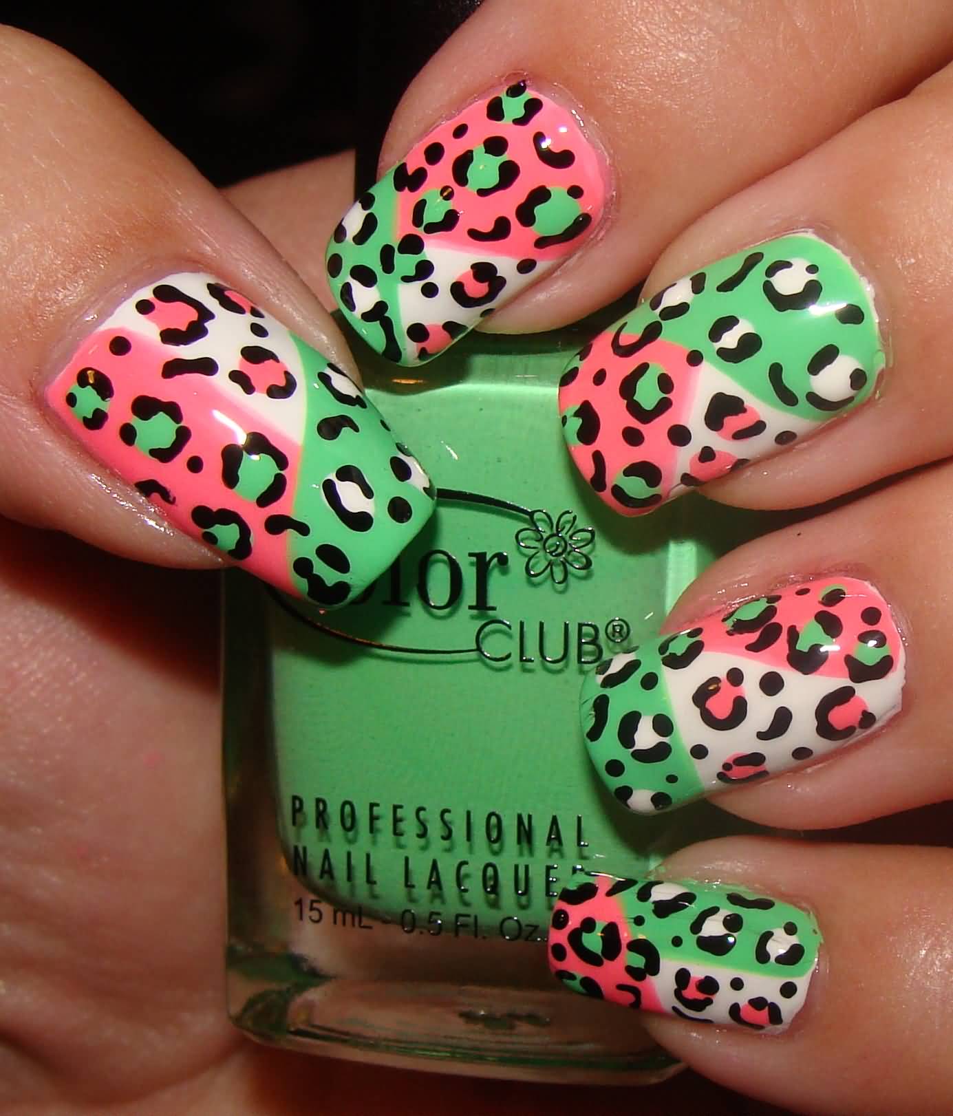 Cute Pink And Green Leopard Print Nail Art Design