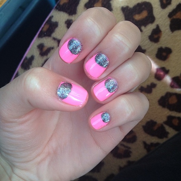 Cute Pink Nails With Silver Glitter Half Moon Nail Design Idea