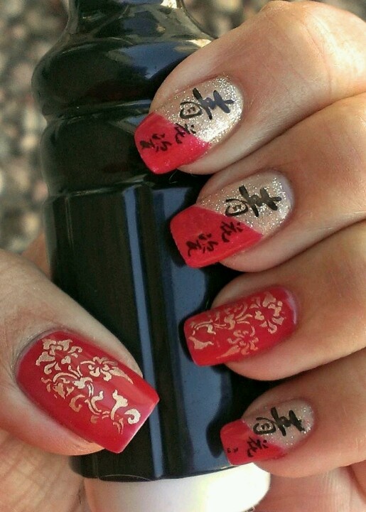 Cute Red And Gold Chinese Nail Art Design Idea