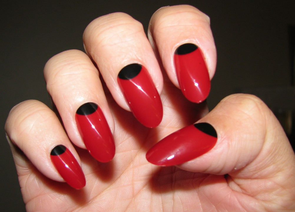 Cute Red Nails With Black Half Moon Nail Art