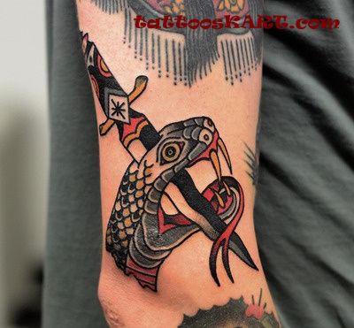 Dagger Piercing Snake Head Tattoo On Half Sleeve